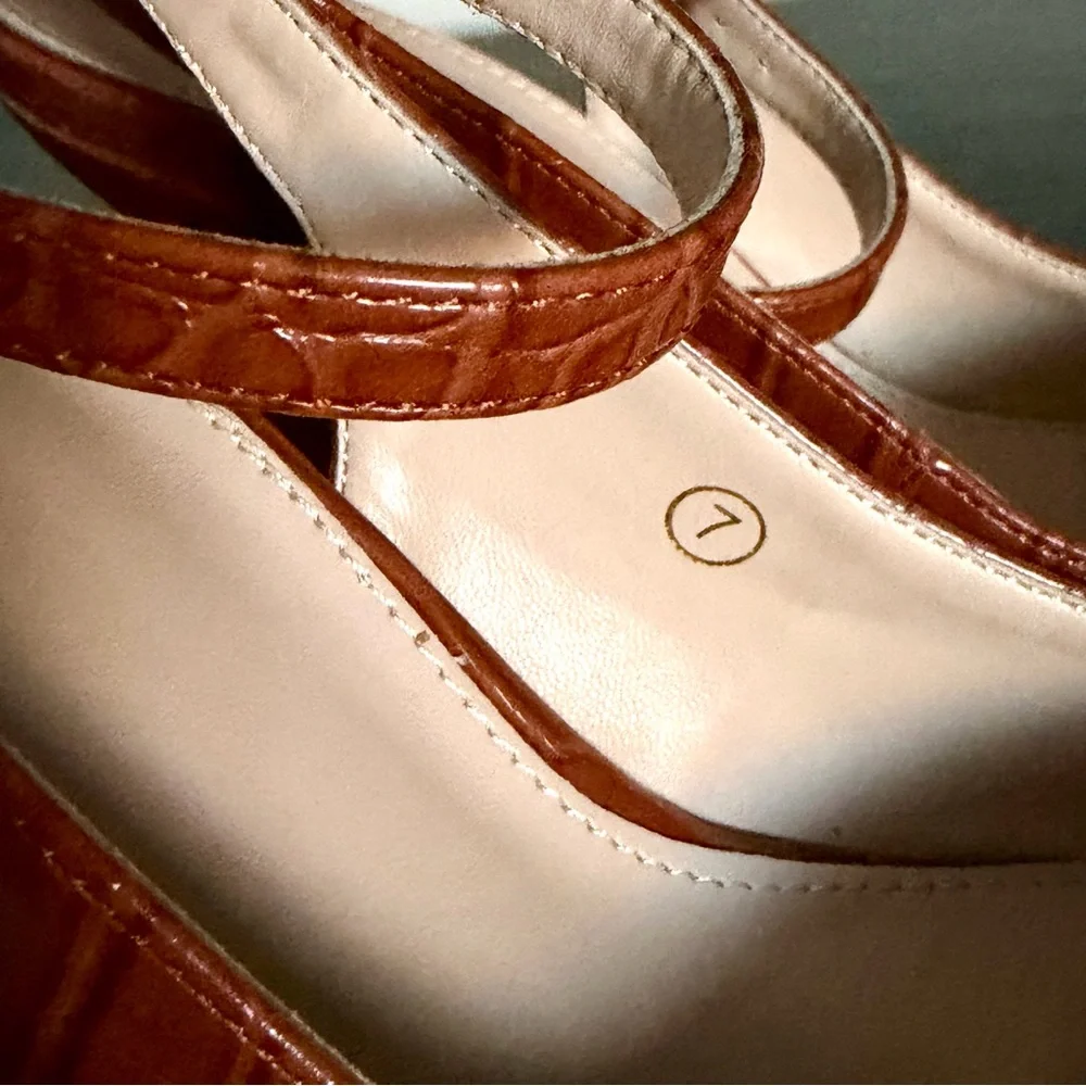 Brown Croc-Embossed Ankle-Strap Pointed Toe Pumps - Picture 6 of 11